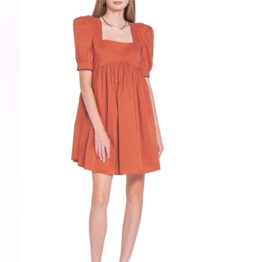 En Saison Babydoll Dress Womens Rust Cotton-Poplin Square Neck Pockets